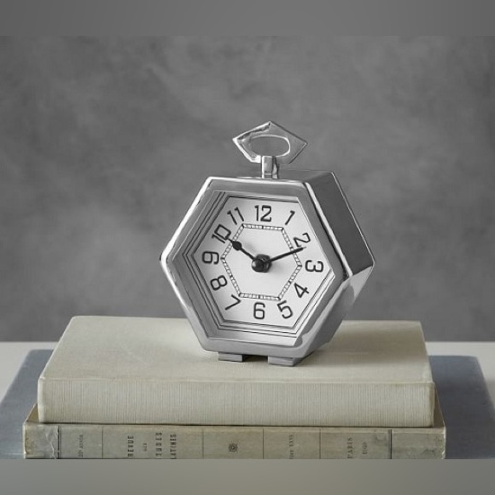 Pottery Barn Silver Hexagonal Tabletop Clock, LIKE NEW